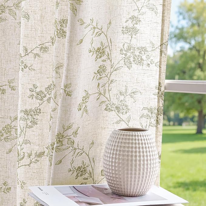 jinchan Green Floral Linen Curtains 63 Inch Farmhouse Back Tab 2 Panels | Green on beige, light filtering, semi sheer, country, rustic, flower, drapes, bedroom, living room, office, home decor