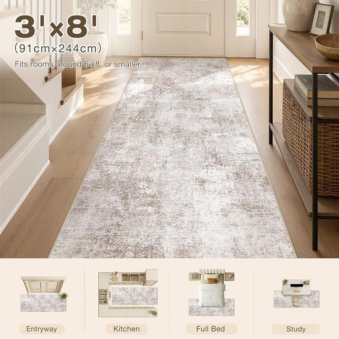 Washable Runner Rug 3x8, Non Slip Neutral Area Rug for Hallway | Modern Abstract Carpet, Stain Resistant and Kid & Pet Friendly, Made for Kitchen, Entryway, Laundry, Kitchen, Indoor - Brown