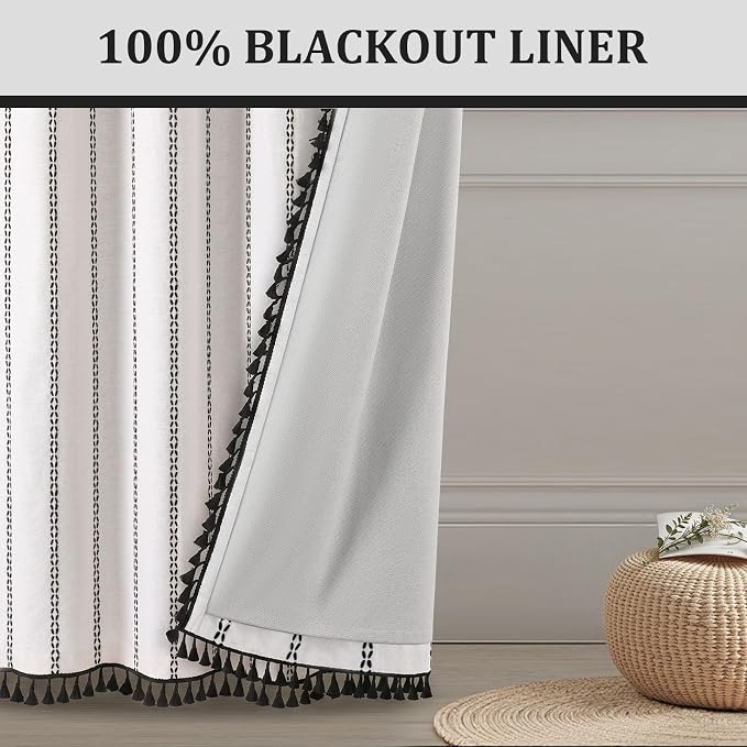 White Boho Blackout Curtains 2 Panels 84 Inch for Living Room Bedroom, Linen Texture Farmhouse Curtains with Tassels and Black Cotton Embroidery Vintage