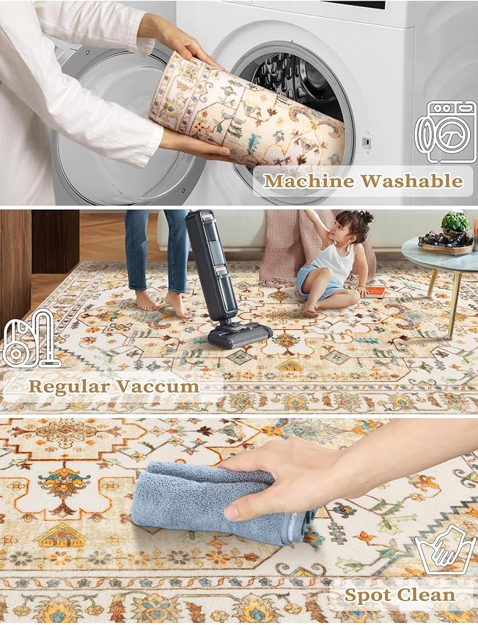 SERISSA Boho Washable Runner Rug, 2'6"x10' Long Non-Slip Vintage Peach Cream Hallway Kitchen Stair Runner Rug Ultra Soft Print Distressed Floor Carpet for Bedroom Bathroom Laundry Room