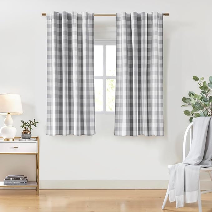 Short Grey White Buffalo Plaid Blackout Curtains 63 Inches Length | Thermal Insulated Drapes,Farmhouse Window Treatment for Bedroom Living Room,Rod Pocket Back Tabs,40"Wx63"Lx2