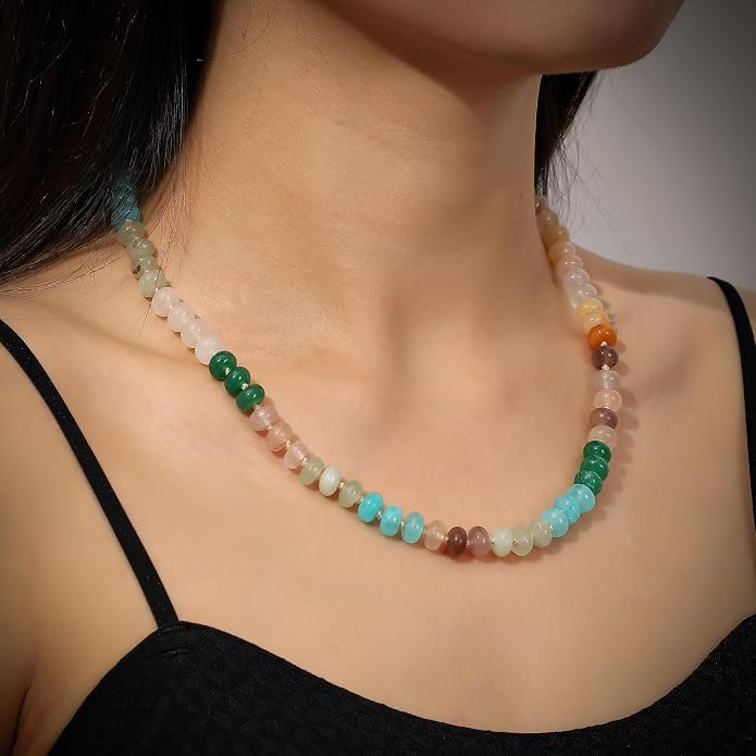LALAPPLE Colorful Beaded Gemstone Necklace for Women, Boho Rainbow Bead Choker with Natural Stone Crystal Beads, Handmade Summer Beach Necklace Jewelry