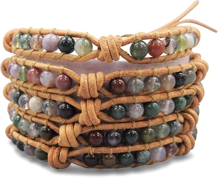 MGR MY GEMS ROCK! 35-Inch Long Multi-Layer Hand Crafted Gemstone and Crystal Multi-Stone Beaded on Genuine Leather Boho Style Stackable Super Wrap Bracelet, up to 5 Wraps.