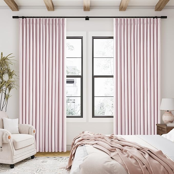 Light Pink Pinch Pleated Linen Blackout Curtains 90 Inches Long for Bedroom | 100% Black Out Thermal Insulated, Pinch Pleat with Ring Hooks Back Tab, Room Darkening Drapes with Liner, for Girls Nursery