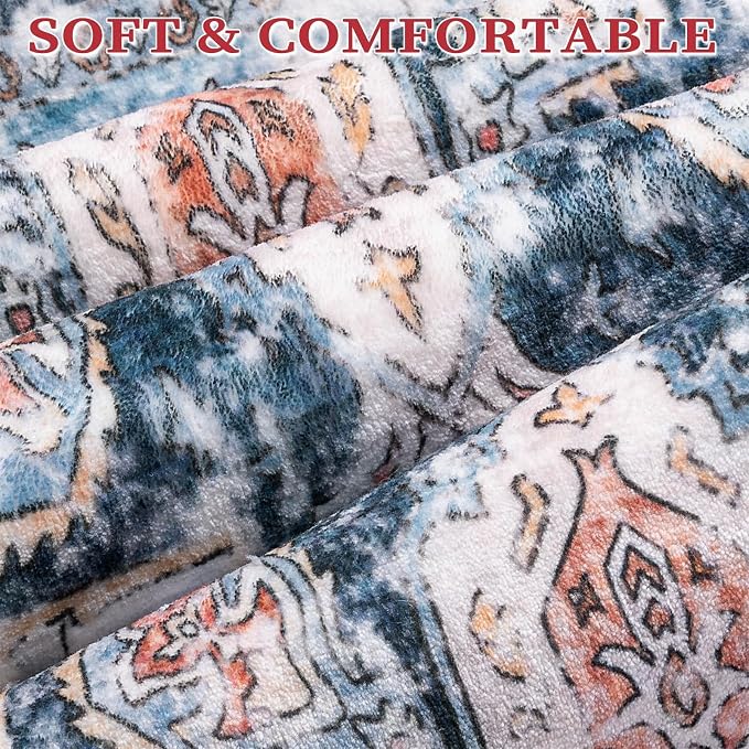 SERISSA 10x14 Area Rugs for Living Room, Large Washable Non-Slip Boho Rug, Ultra Soft Vintage Oriental Blue Orange Print Distressed Carpet for Dining Room Bedroom Office Home Decor