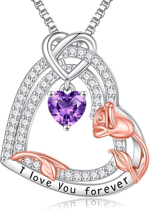 Gifts for Mom 925 Sterling Silver Birthstone Necklace for Women, Heart & Rose Design Birthday Gifts for Mom Wife Her