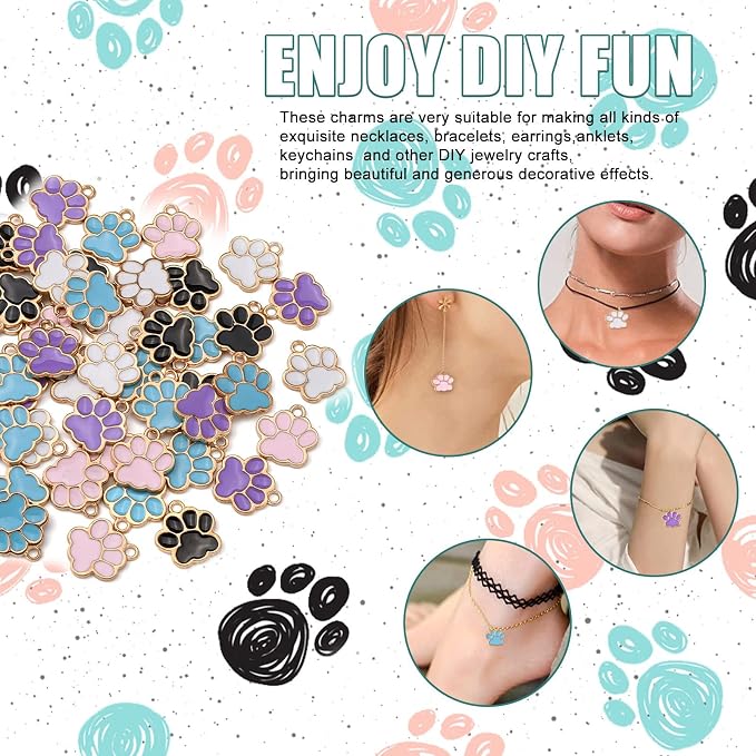 DanLingJewelry 100pcs Random Colors Dog Cat Paw Print Charms Enamel Puppy Kitten Paw Print Pendants with Loop for DIY Jewelry Making