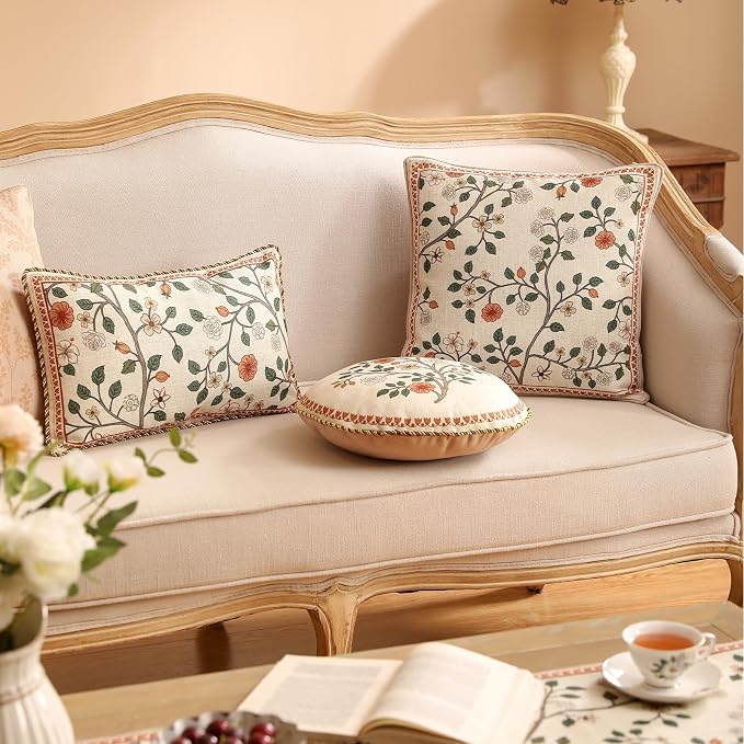 ISAENNE Designer Elegant Linen Throw Pillow Cover,Set of 4-Flora ACBA | French Cottage Pillow Cover,Concealed Zipper,Floral Pattern,Sofas,Bedroom,Living Room,Lounge Chairs,All Season Home Decor