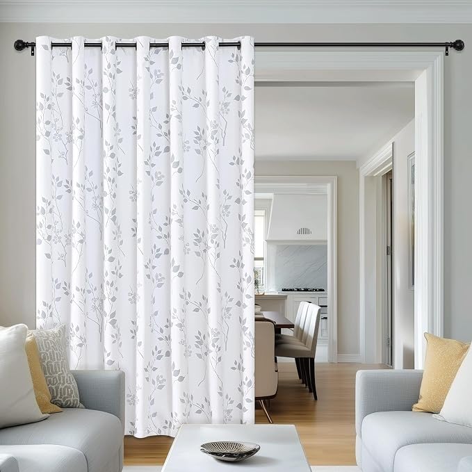 Beauoop Floral 100% Blackout Sliding Door Curtains Grey White 100x84 1 Set | Flower Patterned Room Darkening Patio Curtains Extra Wide Room Divider Drapes Thermal Soundproof Window treatment Grommet