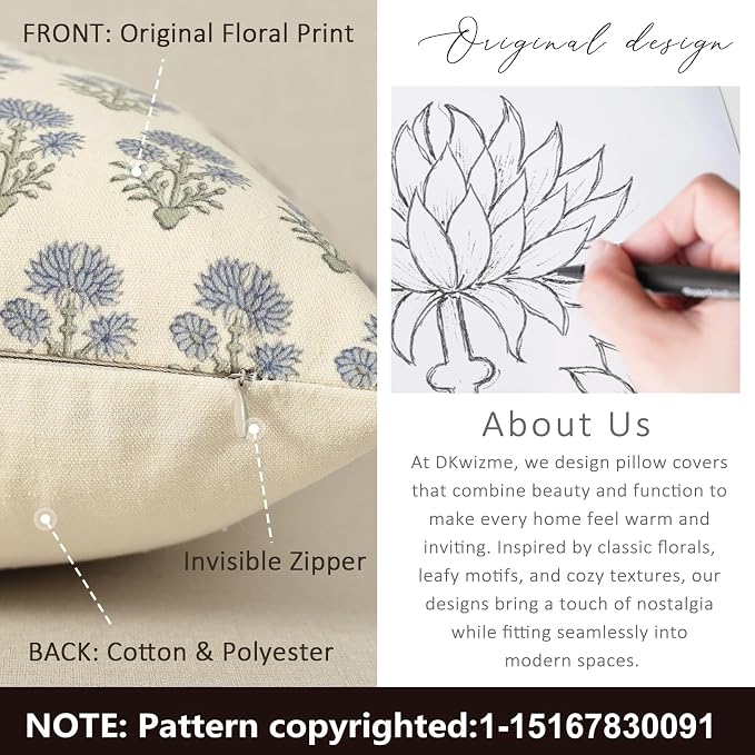 Farmhouse Floral Pillow Covers 12x20 Set of 2, Country Botanical Throw Pillow Cover for Sofa Couch Bed Living Room, Rustic Vintage Flower Cushion Covers Cottage Home Décor,Dusty Blue
