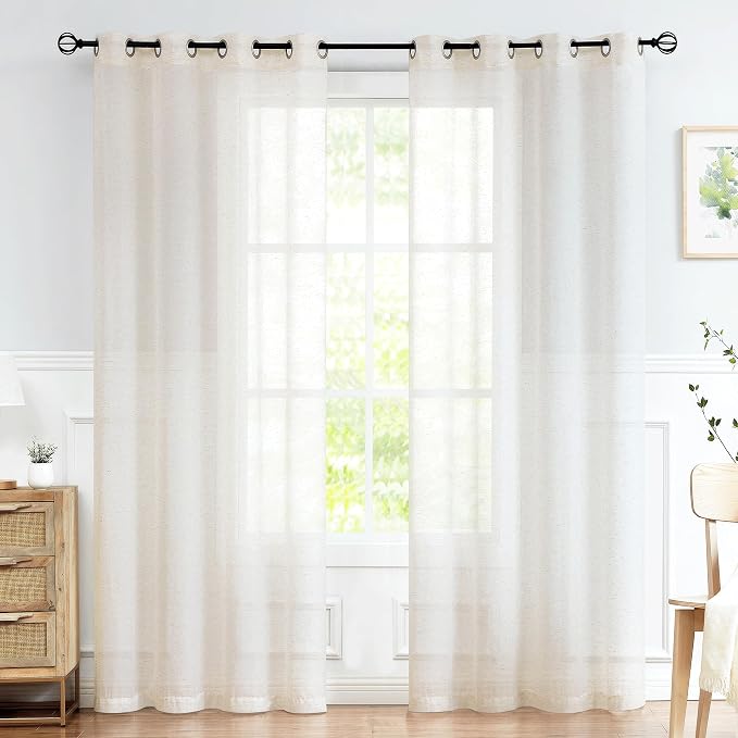 FMFUNCTEX Beige Flax Linen Sheer Curtains 96 Inch Long Rod Pocket 2 Panels | Natural Semi Sheer Window Drapes for Bedroom and Living Room, Farmhouse French Window Curtain Light Filtering Privacy