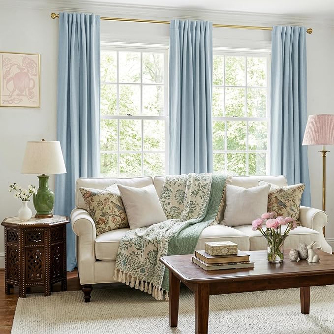 100% Blackout Shield Grayish Blue Linen Blackout Curtains for Bedroom 84 Inches Long, Back Tab/Rod Pocket Living Room Drapes, Thermal Insulated Blackout Curtains 2 Panels Set, 50" W x 84" L
