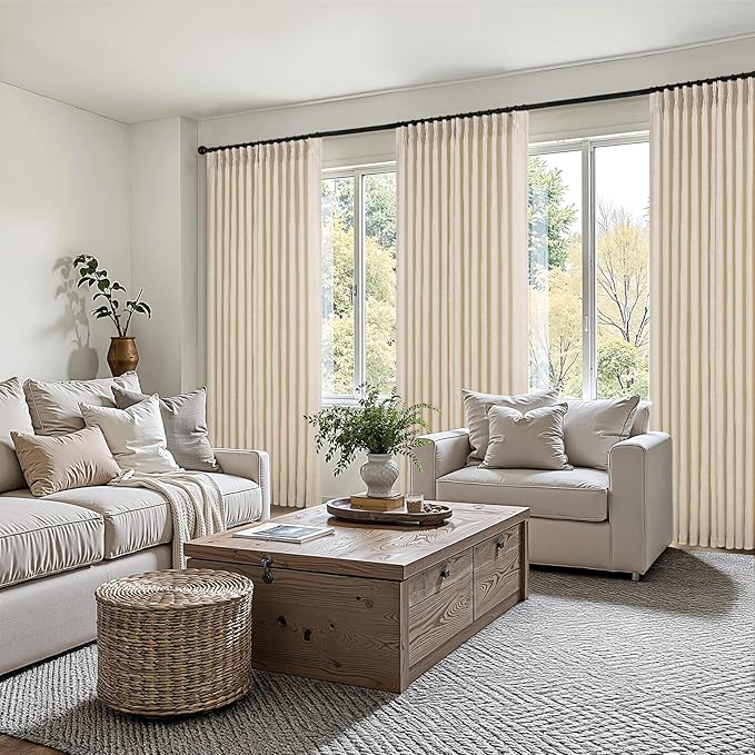 Topfinel 102 Inch Curtains 2 Panels Set,Two Packs Pinch Pleat Back Tab Linen Window Semi Sheer Privacy Thick Decorative Curtain Drapes for Living Room Bedroom,40x102 in Long,Sand Beige