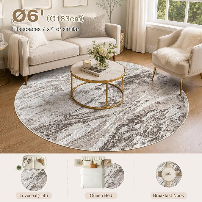 Area Rugs for Living Room: 6ft Round Abstract Washable Rug Modern Neutral Large Soft Stain Resistant Non-Slip for Bedroom Dining Room Indoor Home Office Carpet - Brown
