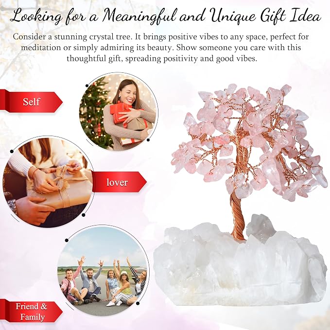 Crocon Rose Quartz Crystal Tree with White Aura Base Tree of Life Decor for Shelf, Bedroom, Birthday Gifts for Women, Sister Gift, Birthday Gifts for Mom, Cute Home Office Decor Housewarming Present