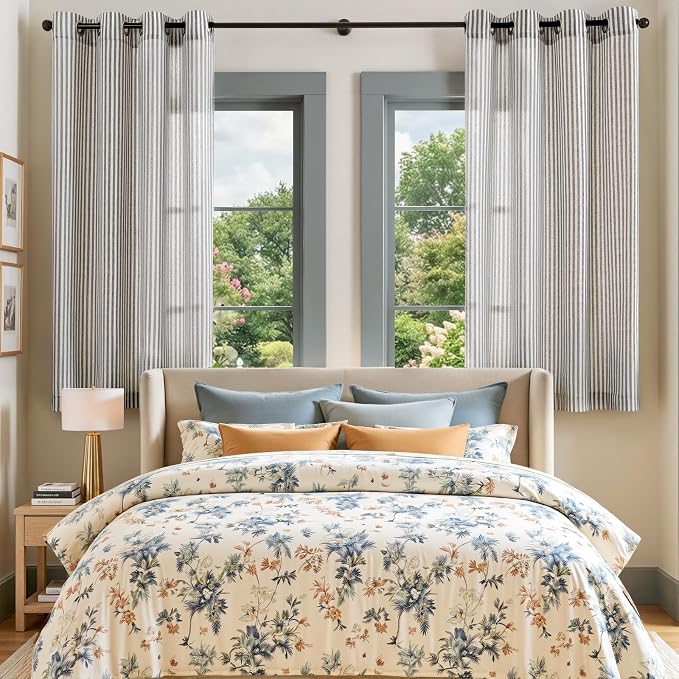 Vangao Linen Striped Curtains for Living Room Bedroom Farmhouse Tickingstripe Light Filtering Window Curtains Printed Drapes Grommet Top 2 Panels Charcoal Grey W50 x L63 Inch