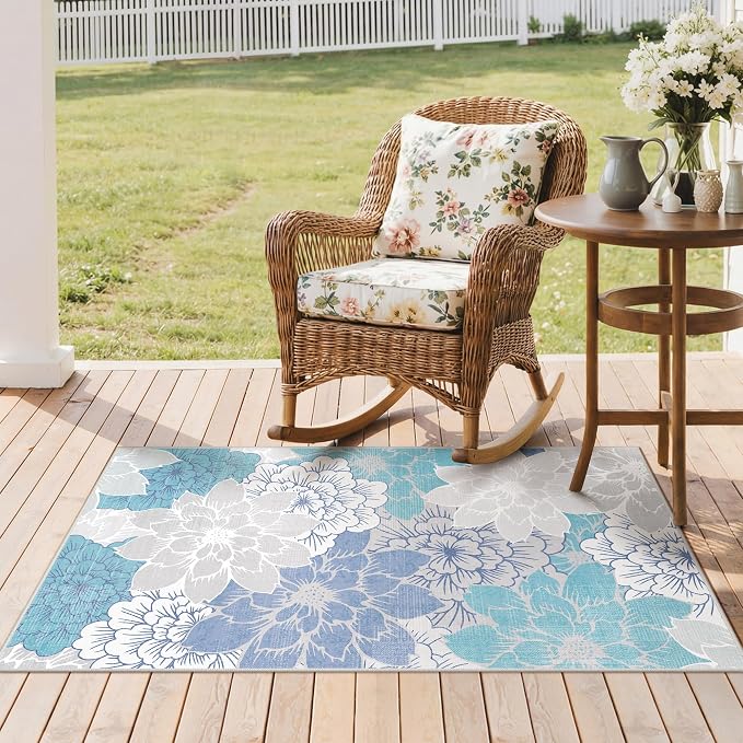GENIMO 3x5 Outdoor Rug, Washable for Porch and Balcony, Aqua Grey | Floral design for entryway; fade resistant chenille with quick-dry non-slip backing for indoor mudroom