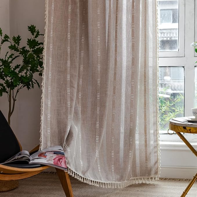 Linen Curtains 108 Inches Long for Living Room 2 Panels Set, Embroidery Farmhouse Tassel Boho for Bedroom Light Filtering Window Rod Pocket Drapes (52" W x 108" L, Khaki)