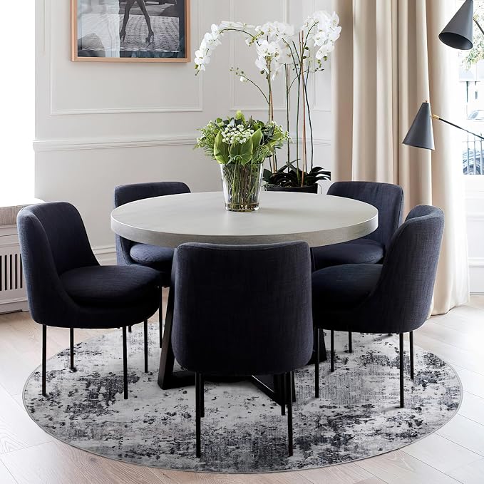 ROYHOME Modern Abstract 8x8 Round Area Rug Non Slip Non Shedding Rug Low Pile Stain Resistant for Bedroom Living Room Office Dining Room,Grey
