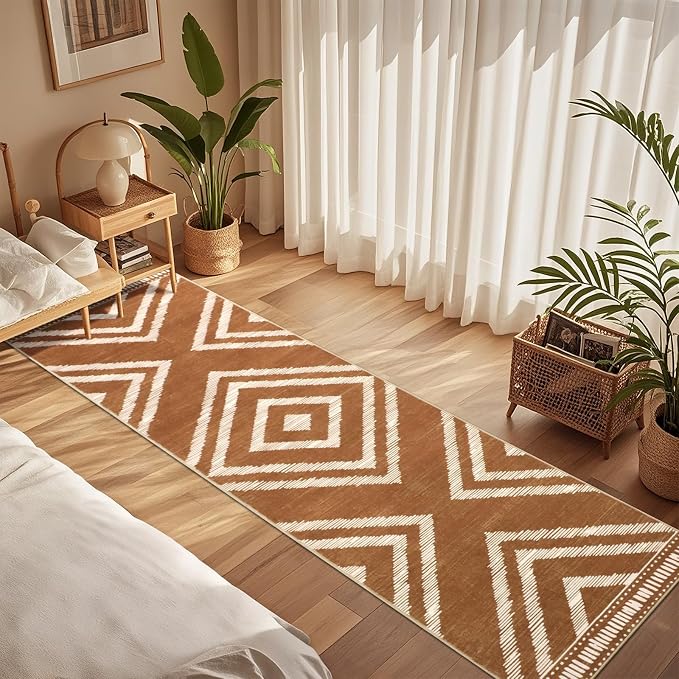 2x10Ft Boho Runner Rugs for Hallway Non Slip, Brown Washable Kitchen Rug Runners, Soft Moroccan Farmhouse Entryway Runner, Low Pile Geometric Floor Carpet for Bedroom Home Decor