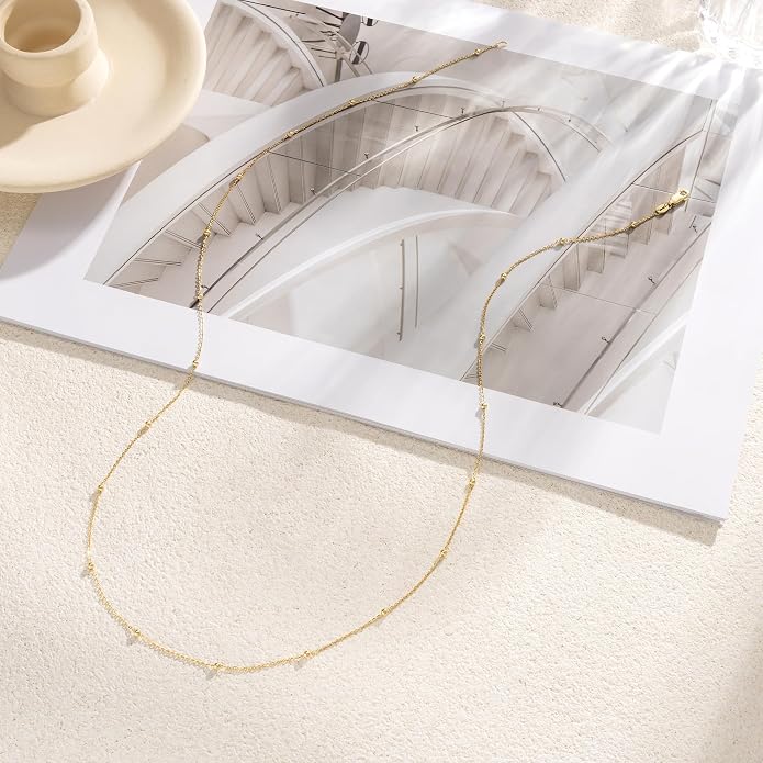 Carffordo 925 Sterling Silver Chain Necklace 16K Gold Plated Beaded Chain Necklace for Women Simple Dainty Choker Necklace Satellite Waterproof Link Necklace Trendy Jewelry Gifts