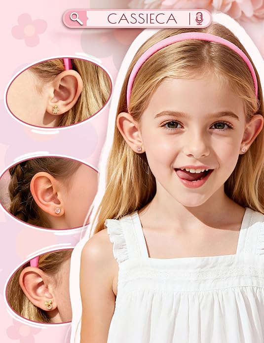 CASSIECA Hypoallergenic Earrings for Girls Kids Women Screw Back Surgical Stainless Steel CZ Heart Stud for Sensitive Ears Cute Jewelry Gift 20G
