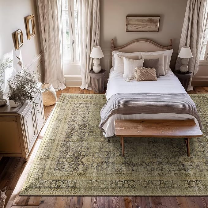 Boho Washable 6x9 Area Rugs for Living Room, Cushioned, Dark Green | Vintage Non-slip Neutral Oriental Rugs for Bedroom Dining Room Nursery Office High Traffic Area