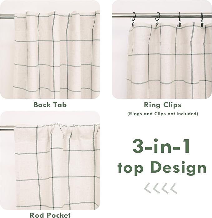 DriftAway 100% Blackout Plaid Linen Curtains W52xL84 Loden Green | 100% Blackout, Linen Texture, Plaid Pattern, Two Layers, Rod Pocket & Back Tab, Bedroom Living Room Use, Luxury Appearance