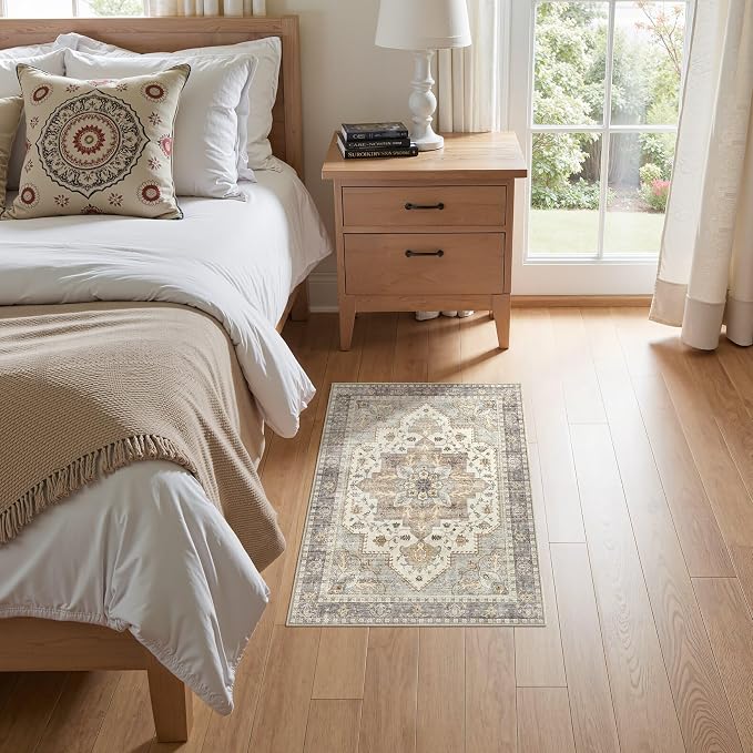 Tortania Area Rug 2x3 Doormat - Washable Vintage Oriental Farmhouse Soft Thin Indoor Carpet for Living Room Bedroom Hallway Entryway Kitchen - Greige