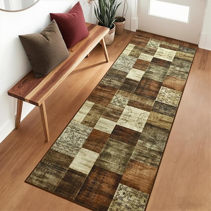 DweIke Runner Rug for for Hallways, 2'x6' Washable Kitchen Rugs with Non Slip Rubber Backing, Soft Low Pile Non-Shedding Geometric Carpet for Laundry Bedroom Bathroom, Brown