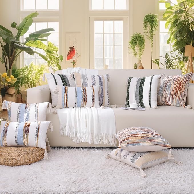 Simmore Fall Boho Decorative Rust Throw Pillow Covers 12X20 Set of 2 | Tufted Accent Modern Farmhouse Neutral Pillow Covers with Tassels for Cozy Bohemian Couch Sofa Bedroom Home Decor