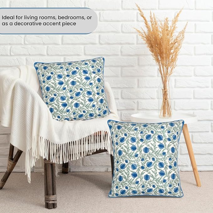 Ridhi Block Print Queen Blue Pillow Cover 18" x 18" (Pack of 2) Decorative Couch Pillows for Living Room, Farmhouse Chic Boho Cute Outdoor Pillows Covers Gifts for Spring, Mother's Day
