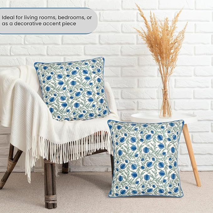 Ridhi Block Print Queen Blue Pillow Cover 20" x 20" (Pack of 2) Decorative Couch Pillows for Living Room, Farmhouse Chic Boho Cute Outdoor Pillows Covers Gifts for Spring, Mother's Day