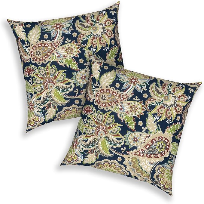 Outdoor 20x20 Inch Throw Pillows with Inners, Square Pillows Decorative Set of 2 for Home Garden Furniture, Paisley Sapphire Blue