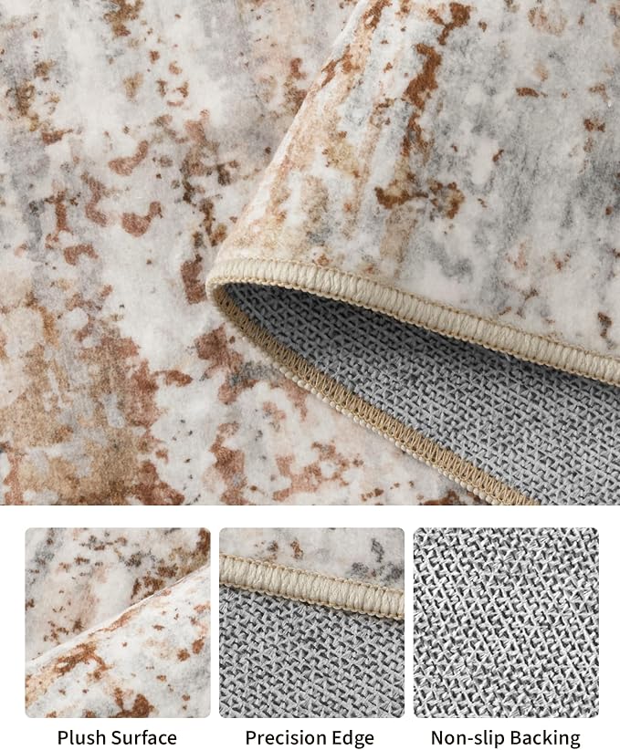 Art&Tuft Washable Rugs 5x7 - Stain Resistant Anti-Slip Backing Abstract 5x7 Area Rugs for Living Room, Foldable Machine Washable Area Rug(5'x7', Rust)