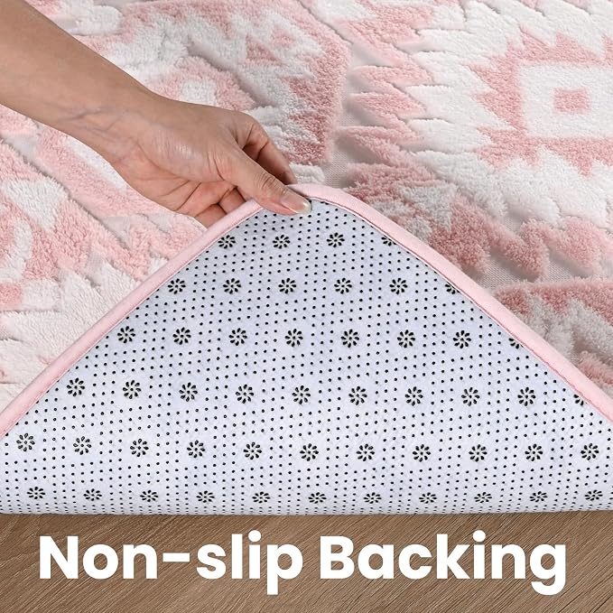 Macgace Soft Area Rug for Girls Bedroom, 3x5 Pink and White Shag Rugs | Washable Non-Slip Backing Medium Pile Modren Geometric Fuzzy Carpet for Kids Room, Classroom, Living Room, Dorm