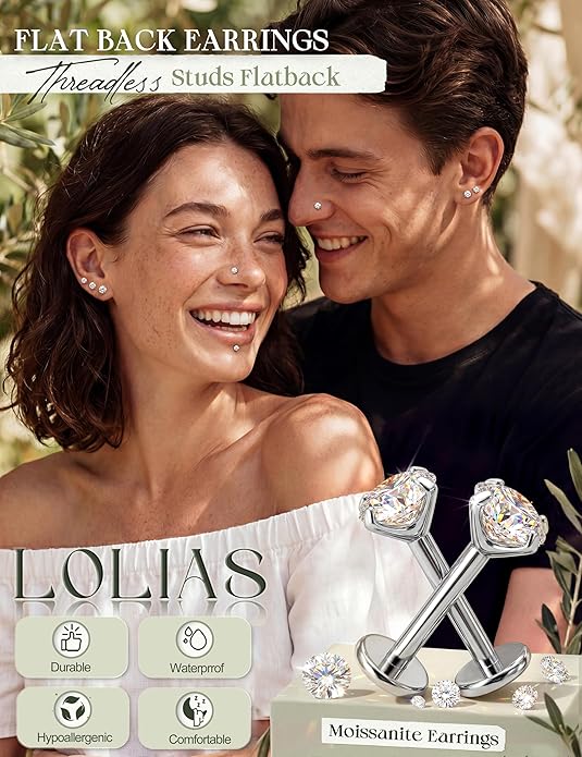 LOLIAS 4 Pairs Moissanite Flat Back Earrings Hypoallergenic-Threadless Push in Nose Rings Studs for Women Men 14K Gold Plated Surgical Steel Cartilage Helix Tragus Labret Piercing Jewelry Kit Taper Ball Grabber Tool 20G 18G 16G