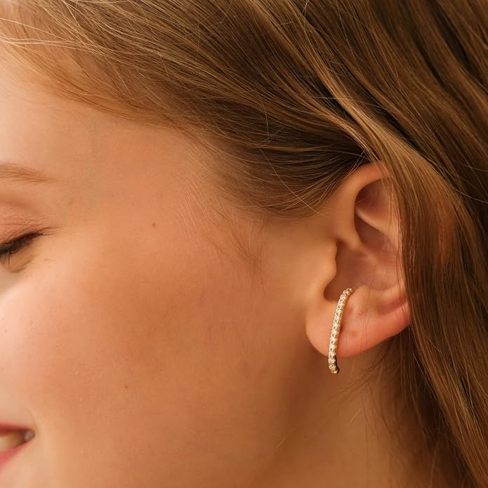 18K Gold Plated Sterling Silver Paved Gemstone Curved Bar Ear Cuffs Suspender Earrings CZ Huggie Earrings