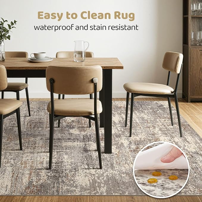 5x7 Area Rugs Living Room: Washable Large Abstract Neutral Modern Soft Rug Stain Resistant Indoor Floor Non-Slip Accent Carpet for Bedroom Nursery Playroom Dining Room Office Home- Sand Brown Black