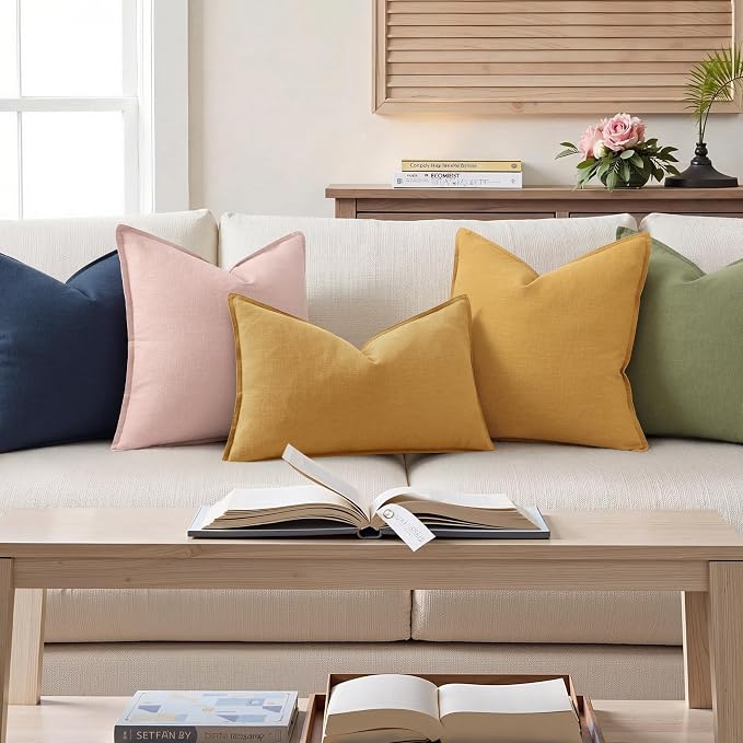 decorUhome Fall Mustard Yellow Linen Throw Pillow Covers 12x20 Set of 2 | Decorative Soft Cozy Modern Farmhouse Boho Accent Pillow Cases with Flange Edges for Couch Bed Sofa Living Room Home Decor