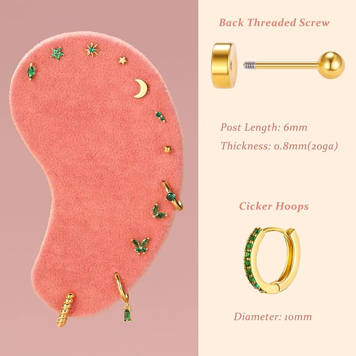 KRFY 25Pcs/17 Pairs Hypoallergenic Surgical Steel Earrings for Sensitive Ears 14K Gold Plated Flat Back Cartilage Earrings for Women Men Screw Back Flatback Stud Hoop Earring Set for Multiple Piercing