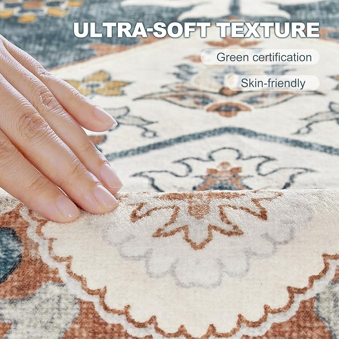 10x12 Washable Area Rug: Vintage Neutral Soft Non Slip Thin Large Floor Carpet for Living Room Bedroom Kitchen Dining Room Home Office Farmhouse Indoor - Blue