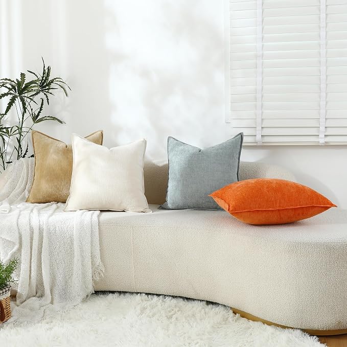 Stellhome Set of 4 Soft Textured Decorative Throw Pillow Covers Accent Solid Chenille Cushion Cover Cozy Farmhouse Pillow Case for Couch Sofa Bedroom Living Room (20x20 inch, Orange/Aqua Gery)