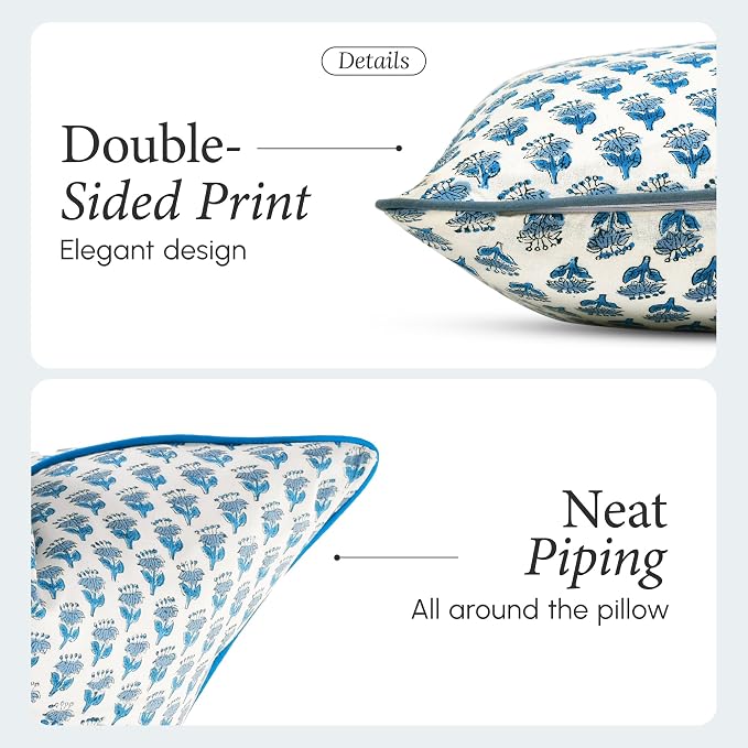 CPC 100% Cotton Throw Pillow Covers 20x20 Inch, Set of 2 Blue Block Print Pattern Couch Pillow, Cute Boho Decorative Pillows for Living Room, Bedroom with Hidden Zipper- Apatite Blue