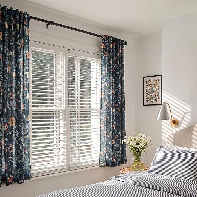 jinchan Dark Blue Floral Linen Curtains 63 Inch Vintage Back Tab 2 Panels | Farmhouse, cottage core, light filtering, semi sheer, drapes, flower, bedroom, living room, window treatment, rod pocket