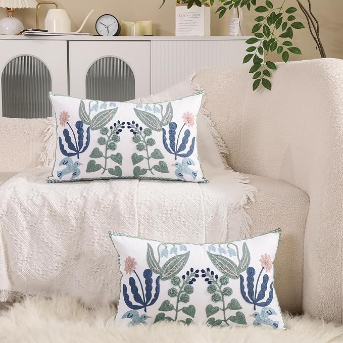Embroidered Throw Pillow Covers 12x20 inch Set of 2 Green Leaves with Birds Floral Tufted Pillowcases Summer Decorative Coastal Pillow Cushion Cases Lumbar Navy Blue Flower Pillow Case