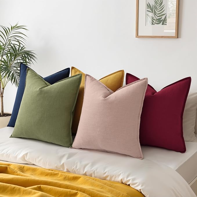 decorUhome Fall Pink Linen Throw Pillow Covers 26x26 Set of 2 | Decorative Soft Cozy Modern Farmhouse Boho Accent Pillow Cases with Flange Edges for Couch Bed Sofa Living Room Home Decor