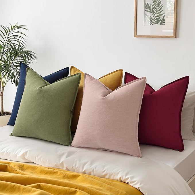 decorUhome Fall Pink Linen Throw Pillow Covers 18x18 Set of 2 | Decorative Soft Cozy Modern Farmhouse Boho Accent Pillow Cases with Flange Edges for Couch Bed Sofa Living Room Home Decor