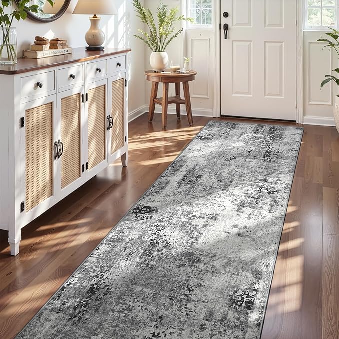 3x10 Grey Rug Runners for Hallways Kitchen Runner Rug Non Slip Washable Black Long Runner Rugs with Rubber Backing Soft Abstract Carpet Runner for Bedroom, Kitchen, Bathroom, Entryway