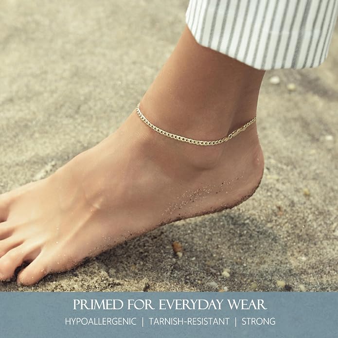 KISPER Gold Ankle Bracelets for Women Plated 925 Sterling Silver | 18K plating, Made in Italy, anti-tarnish, waterproof, anklet, 9-11 inches, curb rope figaro mariner